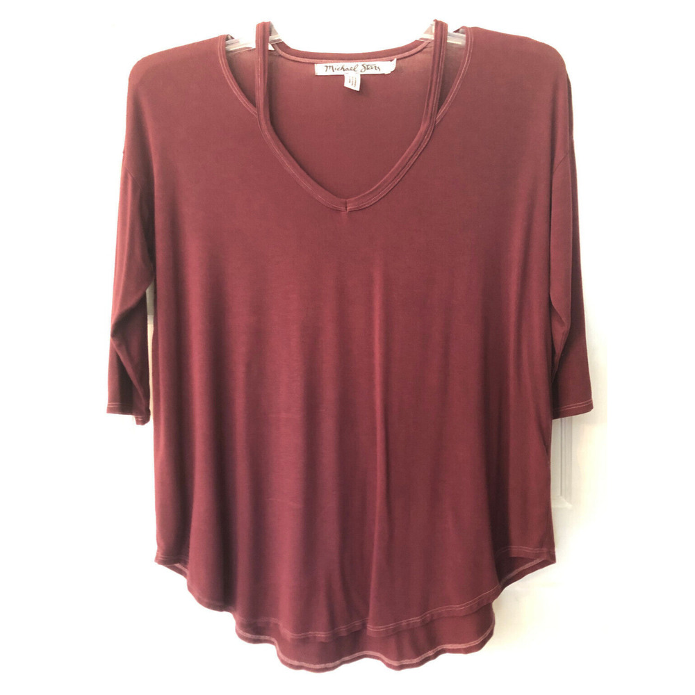 Michael Stars, Women's 3/4 Slit Shoulder V Neck Top, One Size, Burgundy/Rosewood